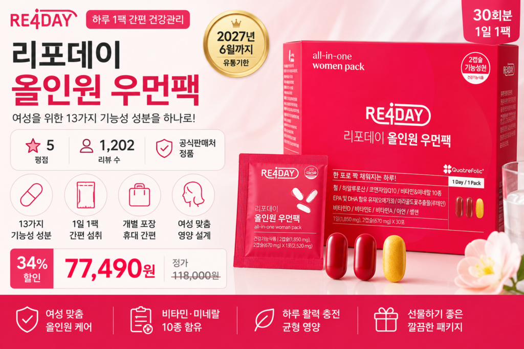 리포데이 올인원 우먼팩 내돈내산 파이토 맨즈 플러스 추석선물 종합비타민 30대 하루 한 팩으로 간편하게 챙기는 여성용 건강기능식품 제품 이미지